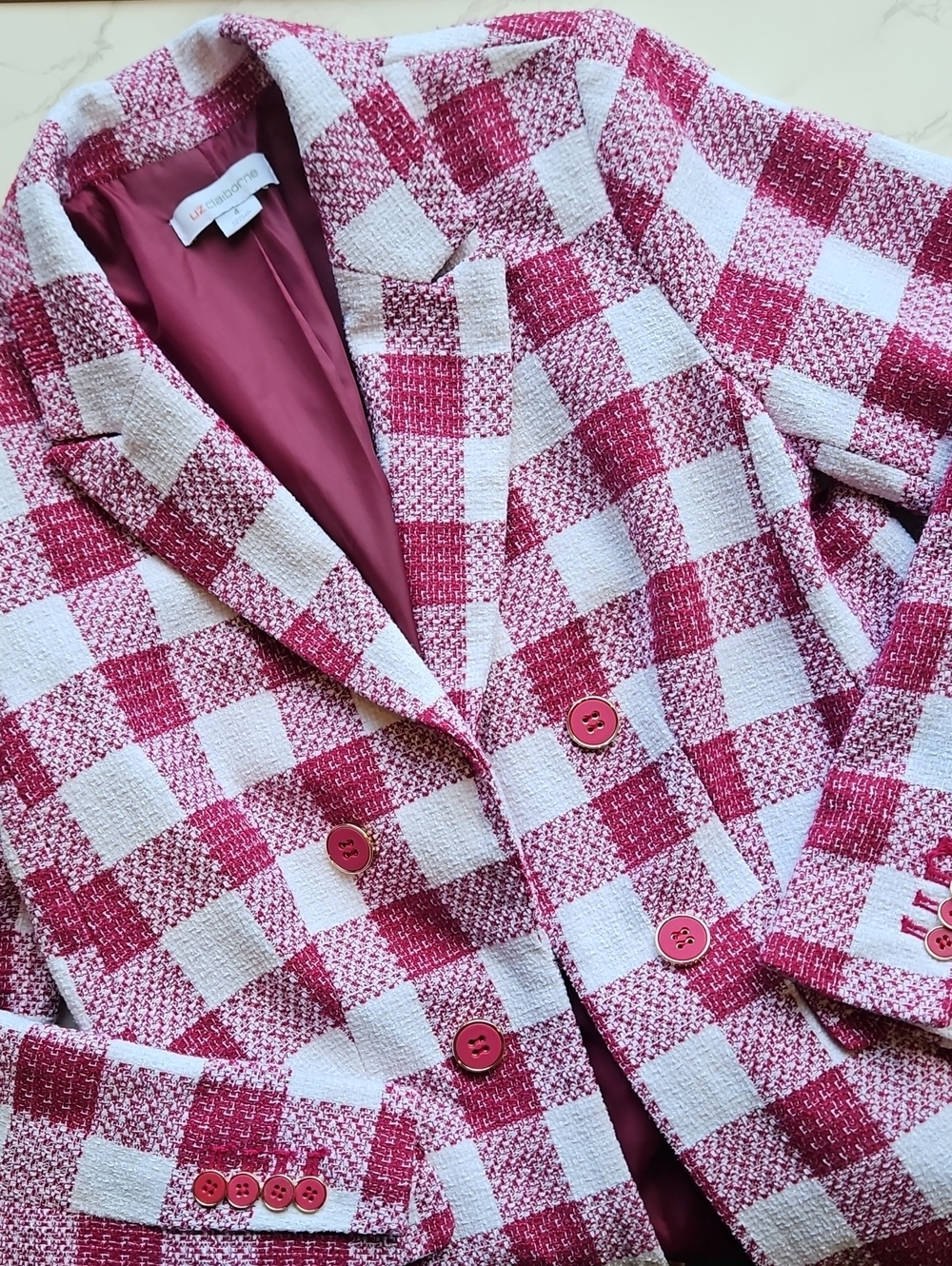 Liz Claiborne Maroon and White Gingham Checked Double-Breasted Blazer 4